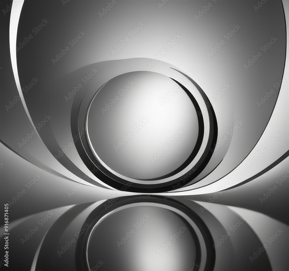 Poster black and white abstract composition features large circle in the center, surrounded by curved lines