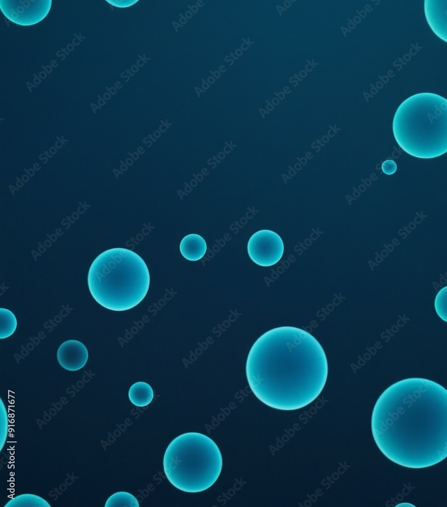 Poster dark blue background with scattered blue bubbles varying sizes, creating sense depth and movement.