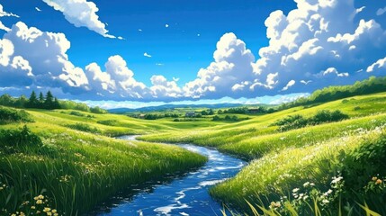 Fototapeta premium Beautiful anime background of a meandering stream through sunlit fields, with fluffy clouds against a blue sky