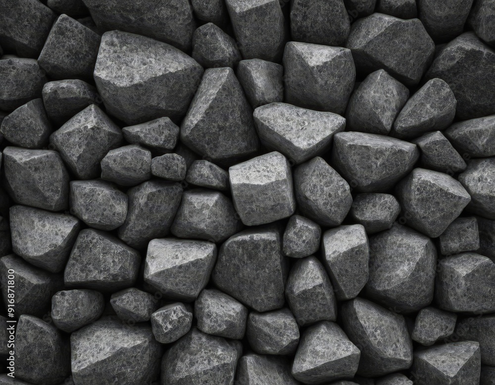 Poster close-up view collection irregularly shaped rocks in various shades gray, arranged in seemingly rand