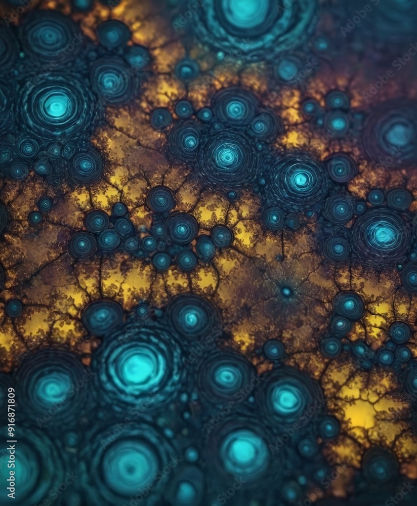Poster digital complex, abstract pattern overlapping circles and lines in shades blue, orange, and yellow.