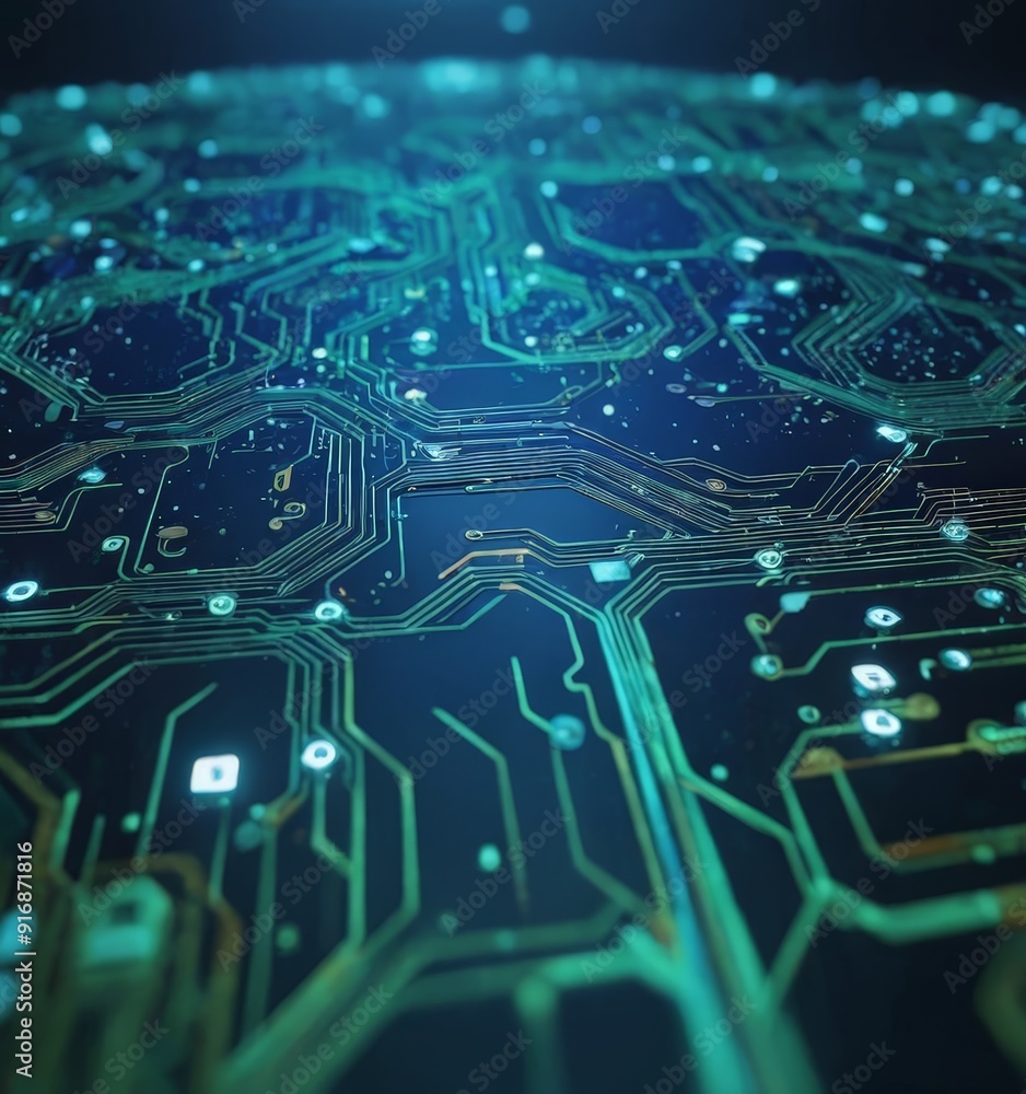 Poster 3d complex circuit board features network interconnected lines and squares, with gradient blue and g