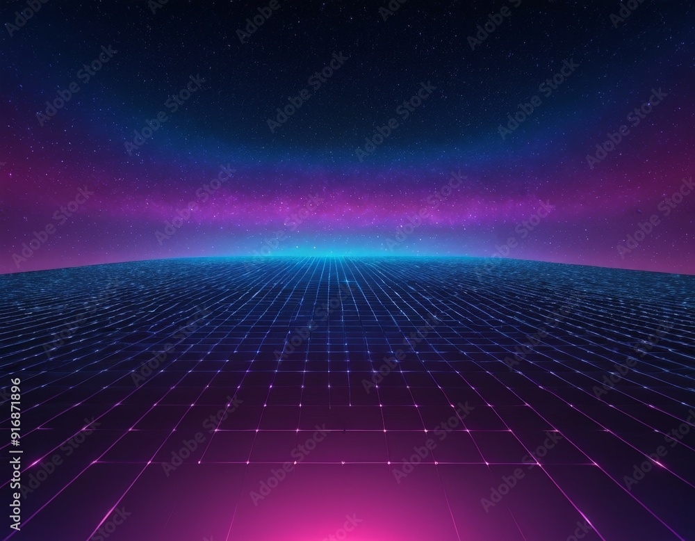 Poster futuristic, abstract with gradient blue and purple hues, featuring grid-like pattern and gradient pi