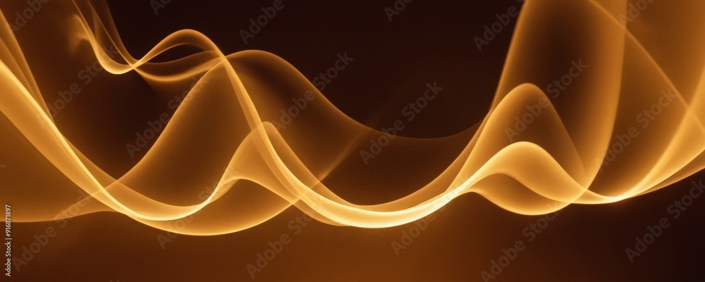 Poster dynamic abstract composition wavy lines in warm orange and yellow hues, creating sense movement and 