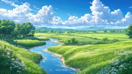 Beautiful anime background of a meandering stream, green fields, and fluffy clouds in a clear blue sky