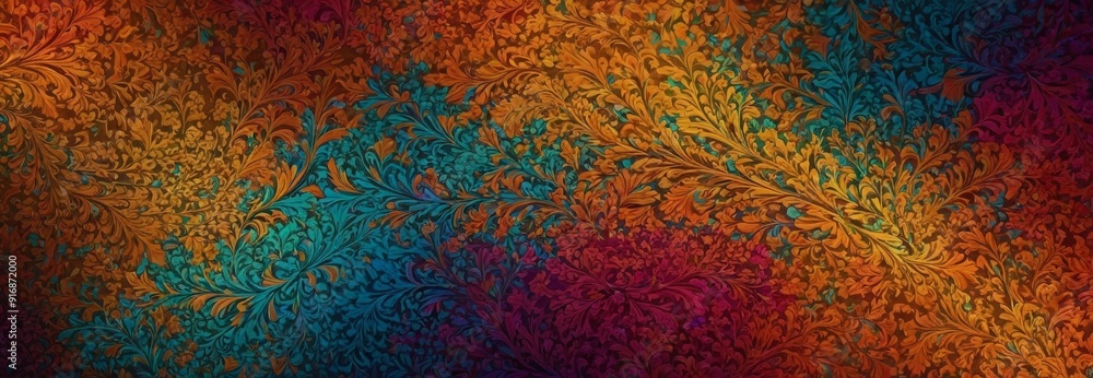 Poster abstract featuring vibrant pattern overlapping orange, blue, and purple shapes, creating dynamic and