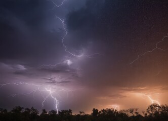 dramatic sky with dark clouds, lightning bolts, and gradient orange and purple hues, with silhouetted trees