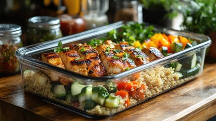 Obraz premium Detailed view of a health-conscious meal prep container with fresh ingredients