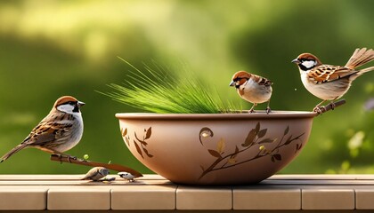  a high-quality 3D cartoon image of sparrows flying around pots and bowls, ideal for storybook illustrations and digital art