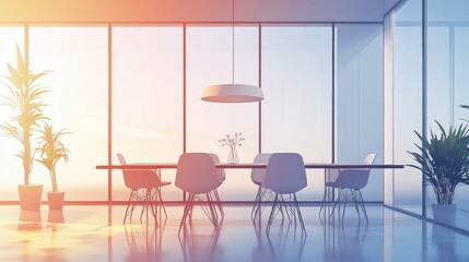 Fototapeta premium Bright anime dining room with floor-to-ceiling windows, a long table, and stylish chairs in a modern home