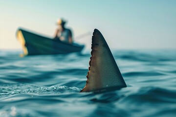 Big white shark fin against of boat with fisherman background