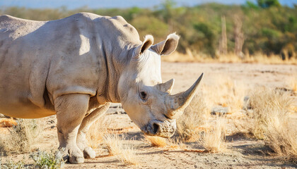 Obraz premium White Rhinoceros Standing in a Sunny and Copy Space