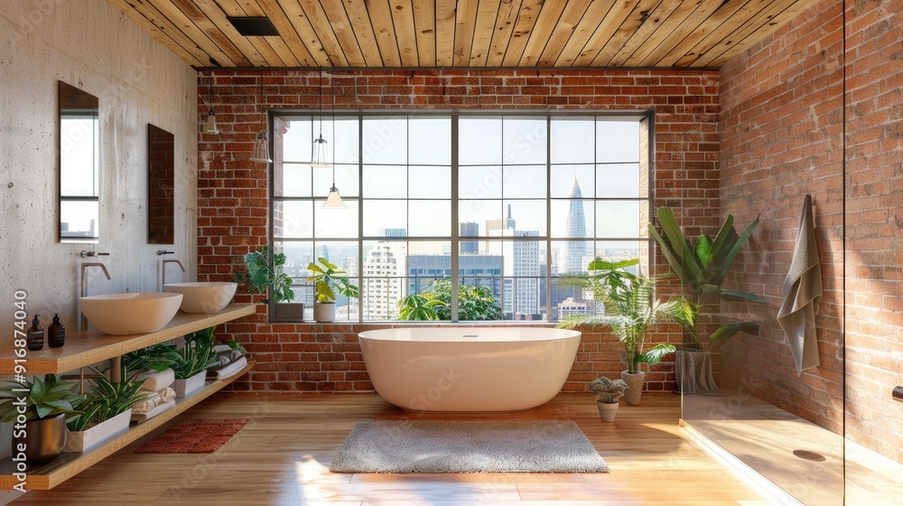 Sticker bathroom in loft with large window, wood ceiling, brick wall