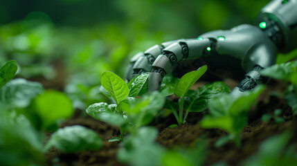 Artificial intelligence. Smart robotics analysis leaf and foliar fertilization and pollination of fruits vegetables. Detection spray chemical. Agriculture farming technology futuristic with robot.