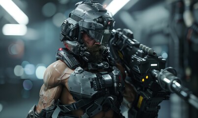 Genetically Enhanced Soldier: Muscular build with high-tech implants and combat suit