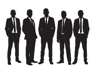 A black vector illustration shows a silhouette group of standing business people, a team of men and women in suits, representing teamwork in an office setting