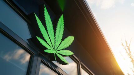 Obraz premium a cannabis supply store facade, with a backlit green marijuana leaf sign prominently displayed above the entrance