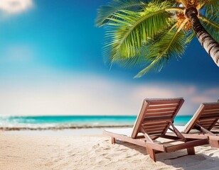 Obraz premium Serene Beach Scene With Palm Tree and Sun Loungers on a Sunny Day