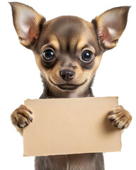 Cute chihuahua puppy holding blank white banner in its paws isolated on white background