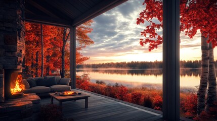 Cozy Cabin with a View of a Sunset over a Lake
