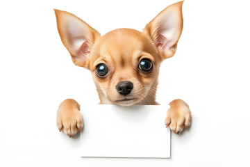 Obraz premium Cute chihuahua puppy holding blank white banner in its paws isolated on white background