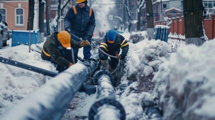 Workers install underground pipes for water, sewerage electricity and fiber optics for the population of an urban center. Construction of drinking water plumbing pipeline repair in winter time concept