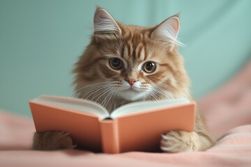 Whimsical Cat Reading a Book on Pastel Background for Charming Educational Designs