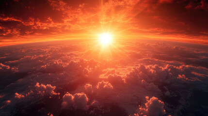 Vivid Red Sunset with Sun Rays and Clouds Viewed from Space