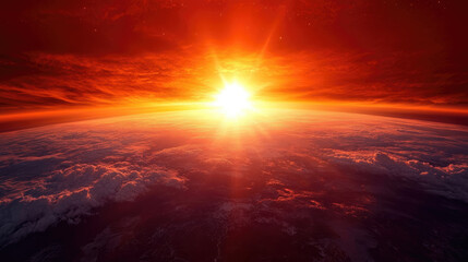 Naklejka premium Vivid Red Sunset with Sun Rays and Clouds Viewed from Space