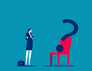 Businesswoman candidate thinking with office chair question mark. Search for new job position