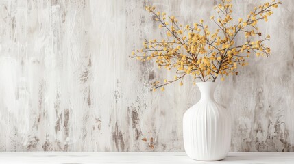 Golden flowers in a white vase against an aged white wall