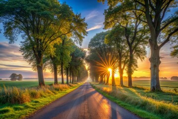 Obraz premium Serene rural landscape in Norfolk, England, featuring a breathtaking sunrise filtering through tall trees onto an empty country lane at dawn.