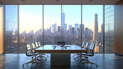 Modern boardroom with a large window view of a cityscape