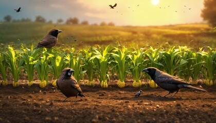 3D digital illustration of a sparrow and a crow planting corn in a field, with high-quality, detailed, storybook-style art