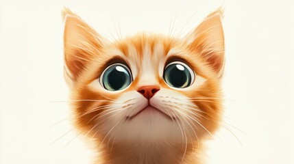 Happy anime kitten with wide eyes, soft fur, and a curious look, on a white background