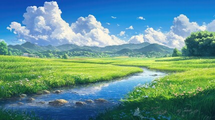 Obraz premium Idyllic anime landscape of a clear stream winding through lush fields, with fluffy clouds in a bright blue sky