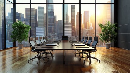 Modern boardroom with a large window view of a cityscape