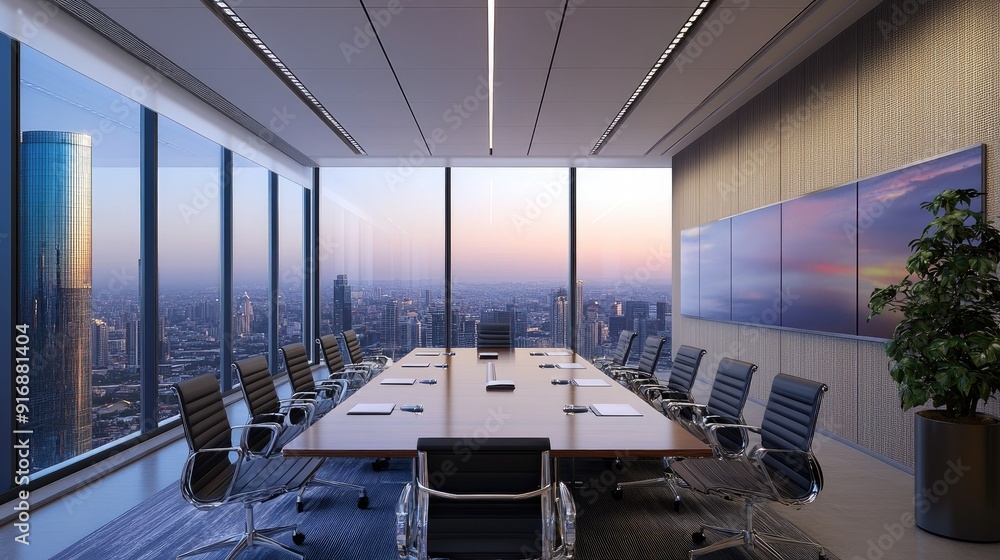 Poster modern boardroom with a large window view of a cityscape