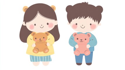 Kawaii girl and boy holding teddy bears, anime-style vector art, flat colors, isolated on white