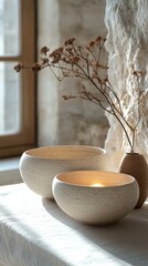 Elegant ceramic bowls with dried flowers in a sunlit rustic interior setting