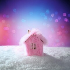 
Pink house made of fur on the snow against a background of lilac-blue sky with bokeh, magic house with a pipe