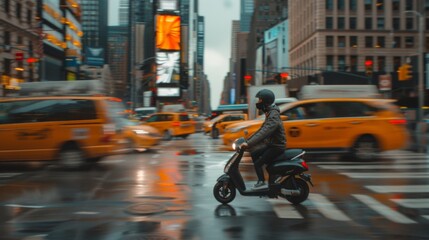 A person is seen riding a scooter on a bustling city street,&nbsp;navigating through traffic with focus and skill