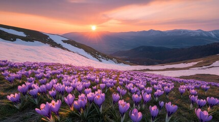 Obraz premium Purple Crocuses Bloom on a Snowy Mountainside at Sunset