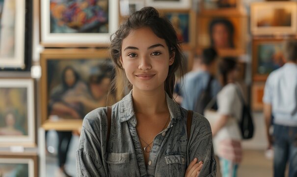 Hispanic female art curator in a museum