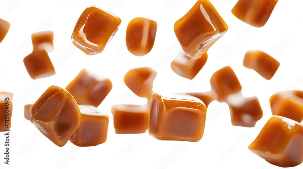 Poster falling caramel candies isolated on a white background with full depth of field, dynamic capture