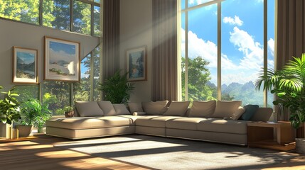 Modern anime living room with a sectional sofa, elegant decor, and natural light