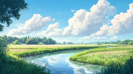 Serene anime-style landscape of a calm stream winding through fields, under a sky filled with soft clouds