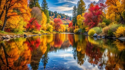 Fototapeta premium Vibrant autumn hues mirror-perfectly reflected in the tranquil, shallow river, accompanied by soothing water flows, evoking a sense of serenity and calmness in nature's harmony.