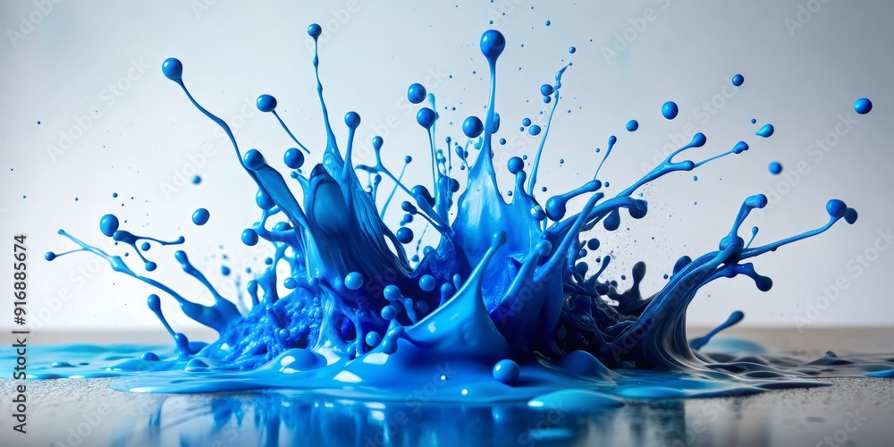 Poster vibrant blue paint splatters and droplets scattered randomly on a pristine white background, creatin