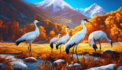 Three dancing cranes in a Himalayan valley, with snowy mountains in the background. Colorful, detailed artwork with 3D shading and a baroque, hyperrealistic style